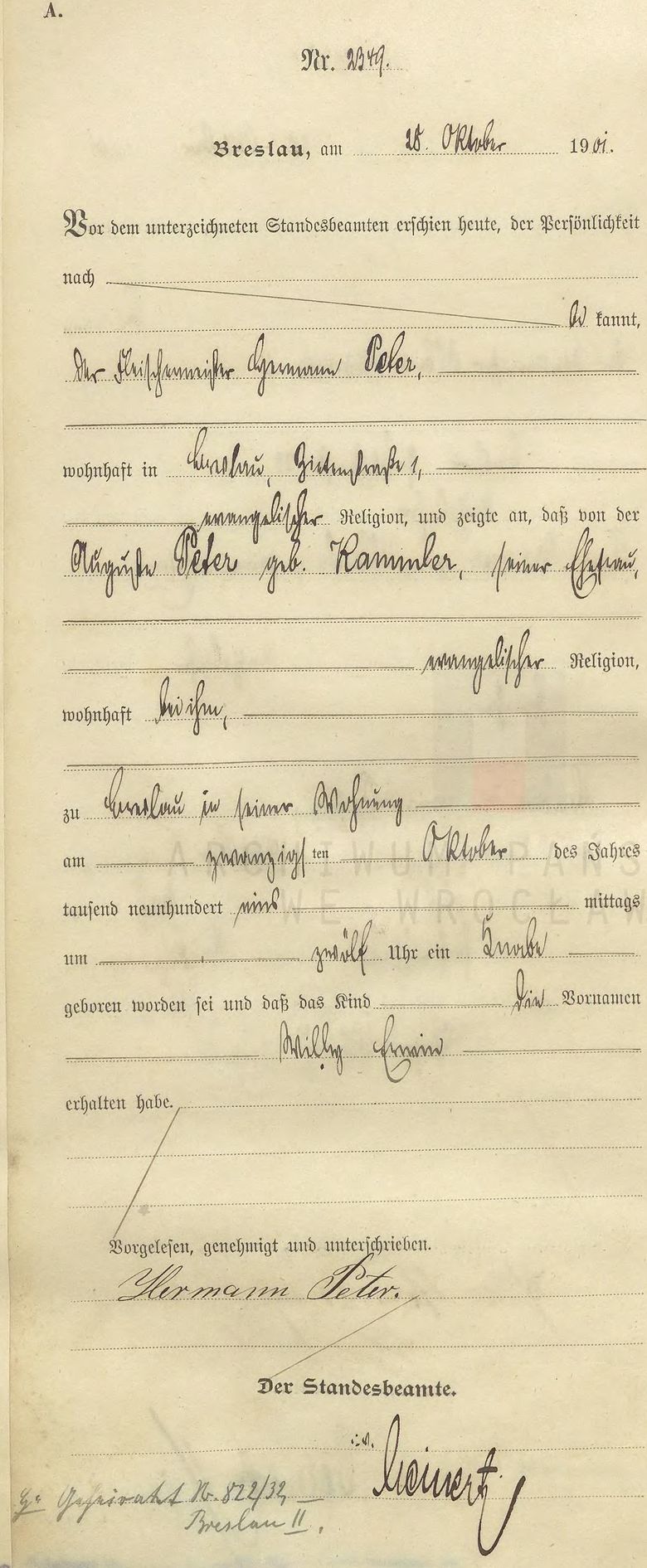 Peter, Willy Geburtsurkunde 1901