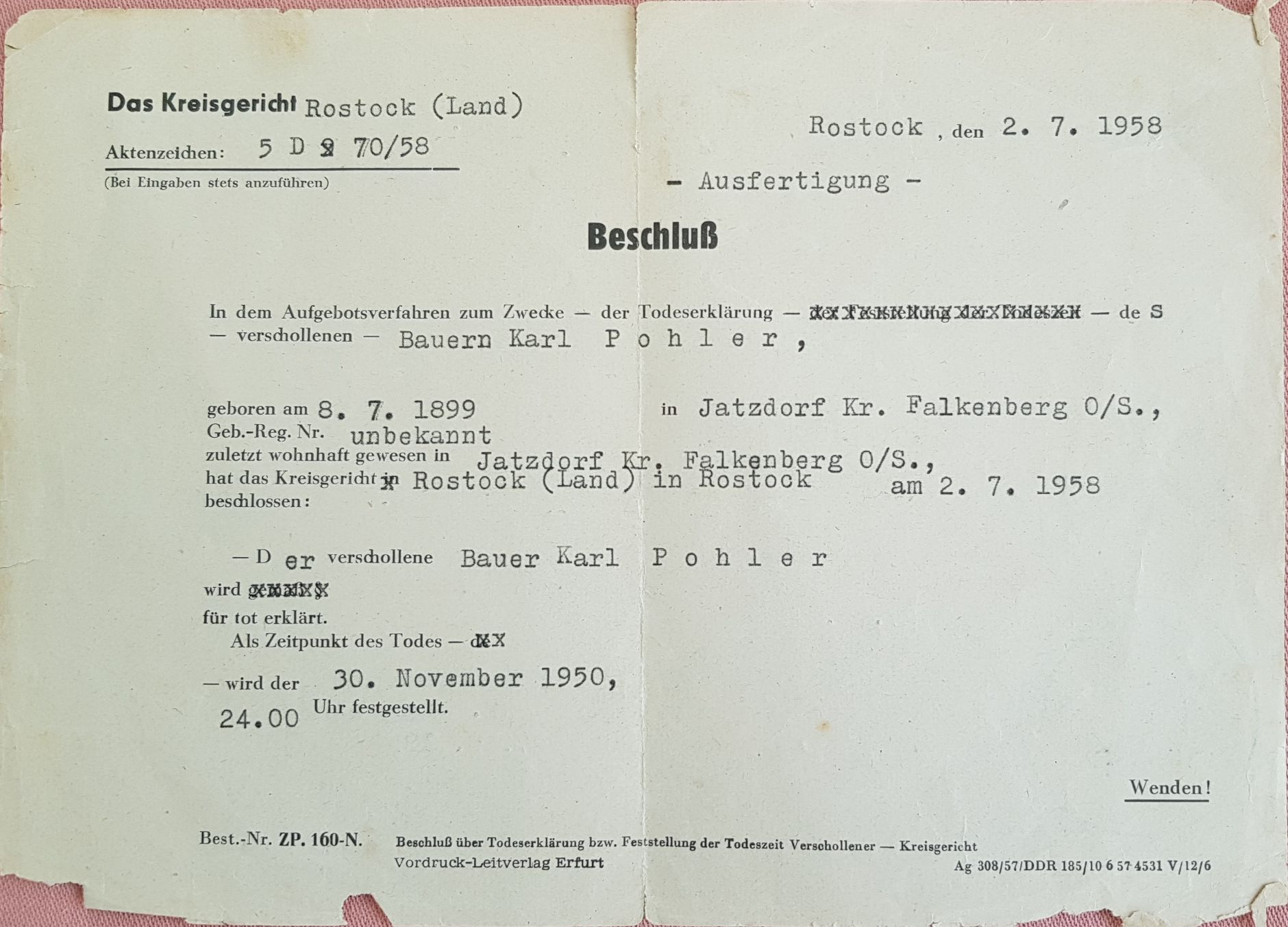 Pohler, Karl_amtliche Todeserklärung (Seite1)