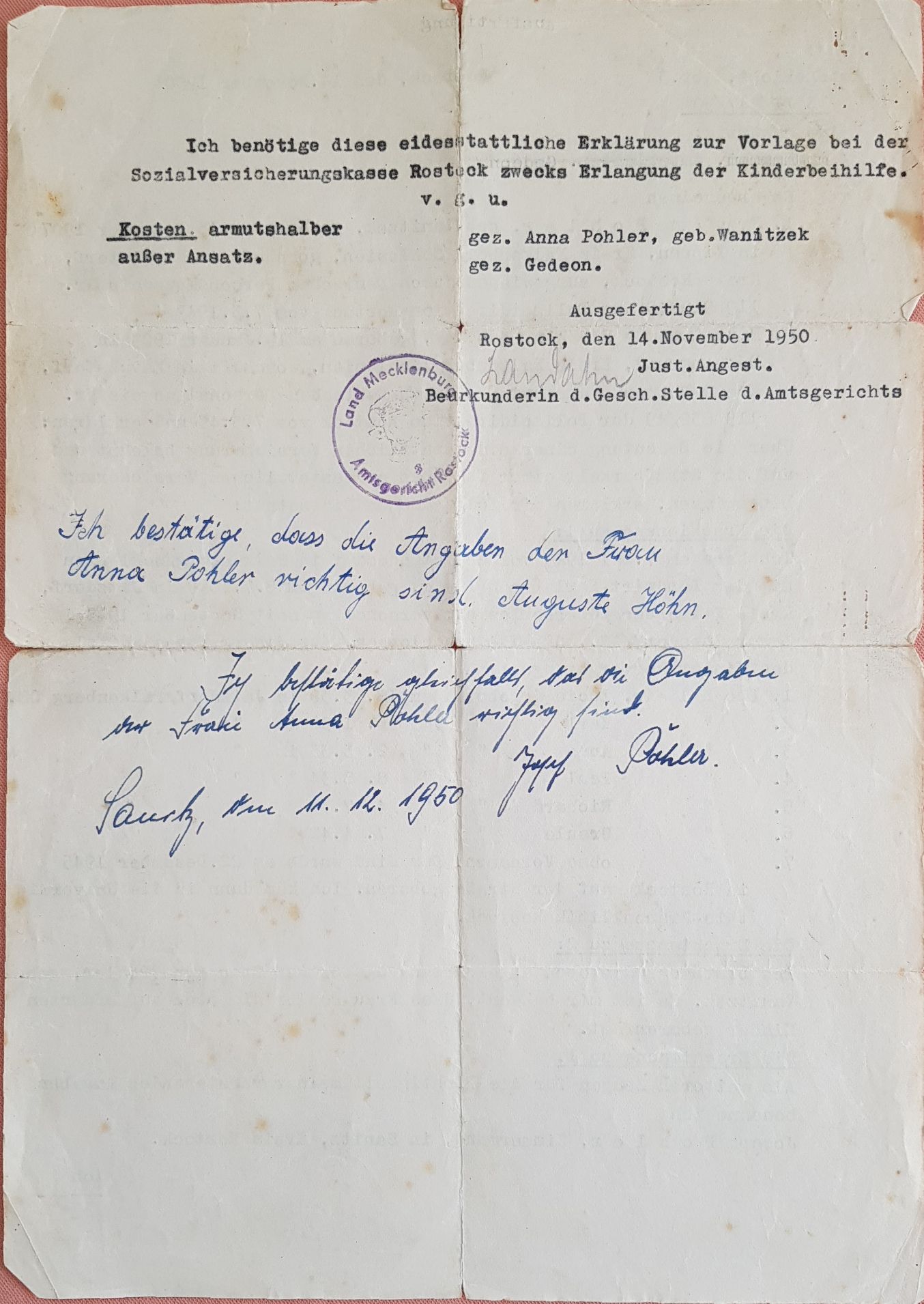 Wanitzek, Anna_Eidesstattliche Erklärung 1950-11-14 (Seite2)