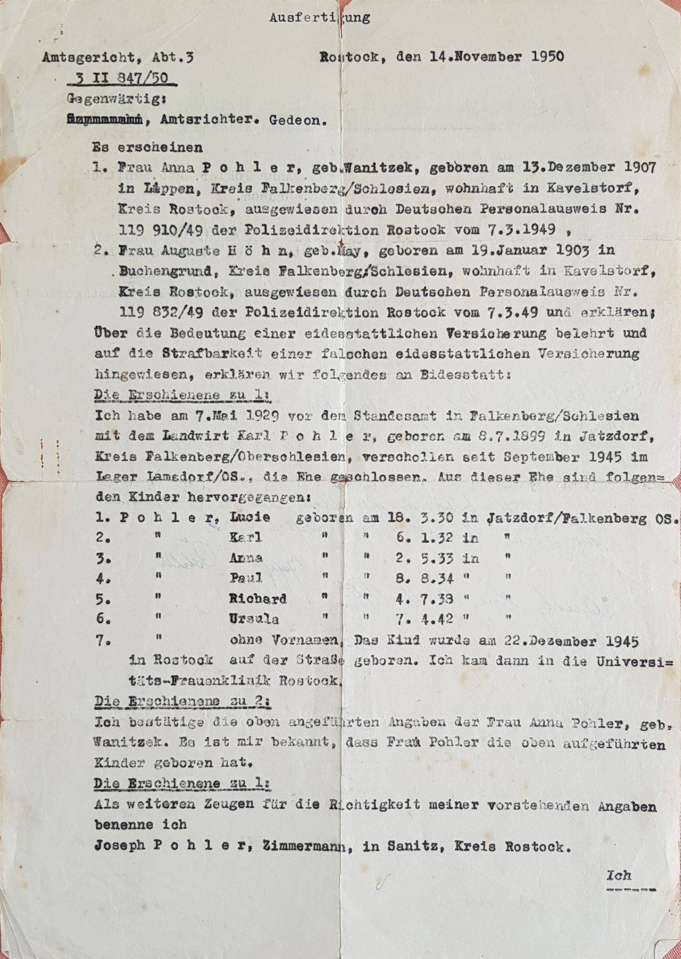 Wanitzek, Anna_Eidesstattliche Erklärung 1950-11-14 (Seite1)